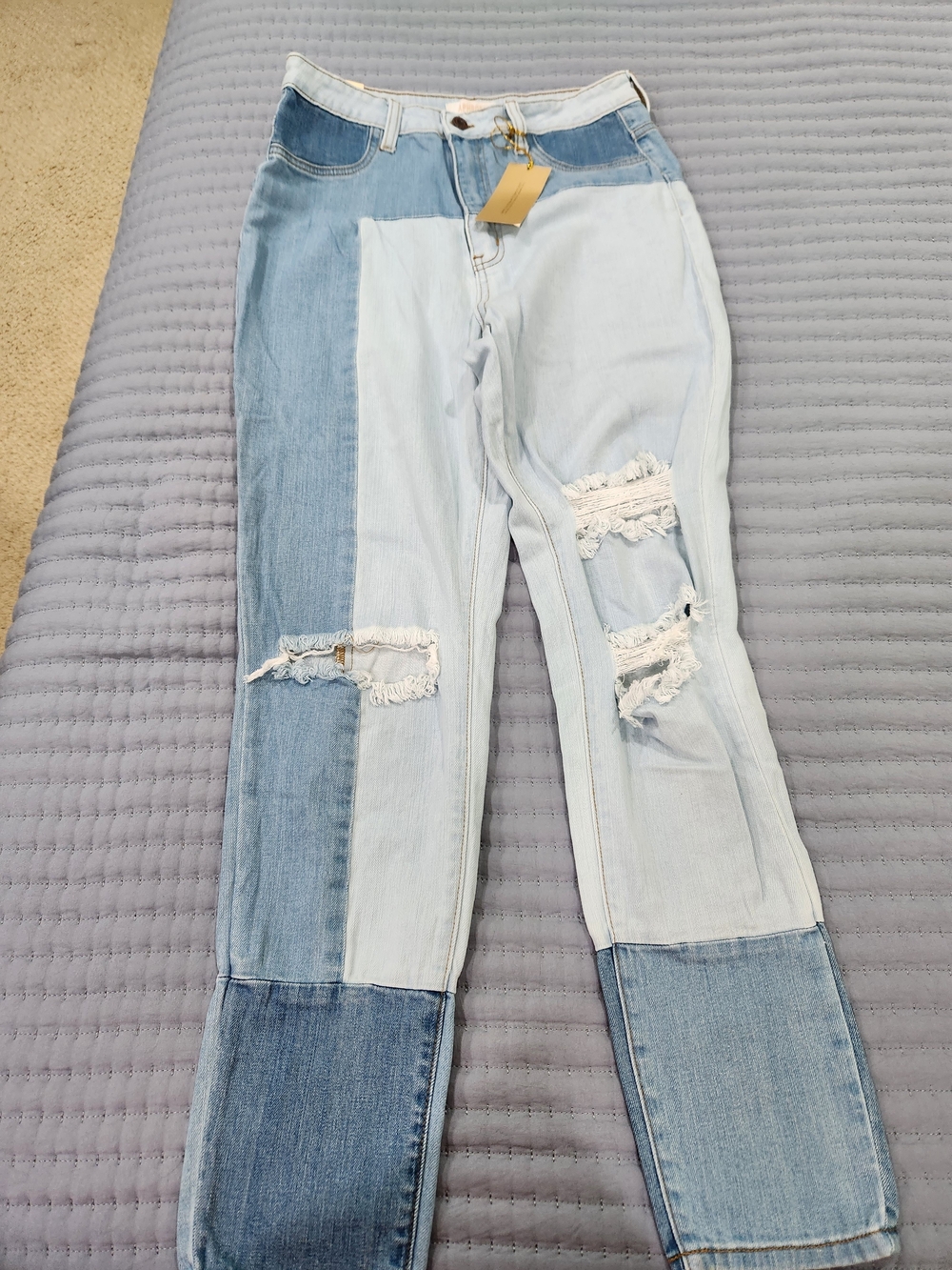 Aphrodite Two-Tone Patchwork Straight Leg Jeans - Light & Medium Blue